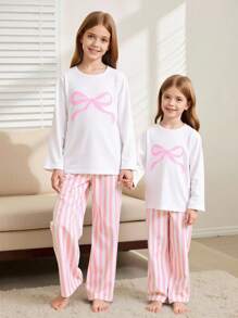 Set de 2 piezas de pantalones casuales a rayas y blusa de manga larga con estampado de moño, ropa cómoda para estar en casa - Multicolor - Ver 4