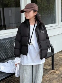 DAZY Abrigo acolchado de unicolor con bloques de color y rayas casual para niñas preadolescentes, invierno - Negro - Ver 4