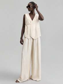 Ontre 2pc Set Women Urban Chic Casual Solid Color Vest And Pants Suit, Summer 2025 - Beige - View 4