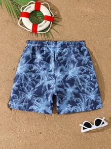 SHEIN 男童个性化泳裤，棕榈叶印花设计彰显活力，舒适无忧，适合在泳池或海滩畅游，男士泳裤棕榈树泳裤蓝色泳裤热带泳裤 - 彩色 - 查看 2