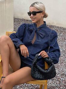 Livesso 女士V领系带泡泡袖牛仔衬衫，秋季女装长袖 - 藍色 - 查看 4