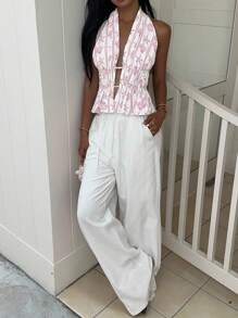 SHEIN EZwear 夏季休闲度假海星和贝壳印花褶饰露背挂脖上衣 - 粉色 - 查看 5