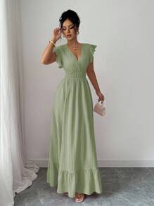 Elenzga Solid Ruffle Hem Dress Maxi Vacation Beach Outfits Women - Mint Green - View 5