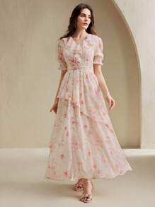 Anewsta Váy dài cao cấp thêu hoa kiểu Pháp thời trang mới cho nữ, đầm dài họa tiết hoa bó sát eo, tôn dáng cho mùa hè - Màu Hồng baby - Xem 5