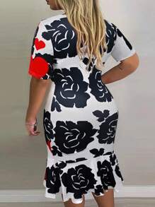 INAWLY Plus Size Women's Floral Heart Print Mermaid Hem Dress - Multicolor - View 2