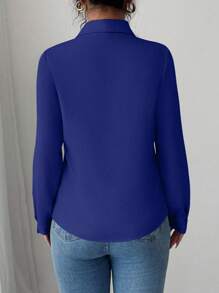 Elenzga Women's Solid Color Long Sleeve Single-Breasted Casual/Work Shirt Fall Cloth For Women - Navy Blue - View 2