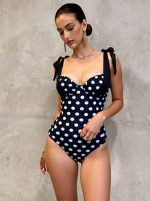 SHEIN ChicEase 1 pezzo Costume da bagno intero donna con volant a pois, adatto per vacanze - Bianco e nero - Visualizzare 3