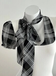 Elamini Plaid Lace-Up Patchwork Casual Fashionable Women T-Shirt - White - View 5