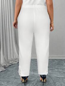 Reflora 大码女式优雅通勤纯色蕾丝拼布裤 - 白色 - 查看 3