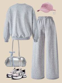 SHEIN Explorewe Mädchen Lässig Set aus Sweatshirt mit Buchstaben-Muster und Langarm Rundhalsausschnitt und Hose