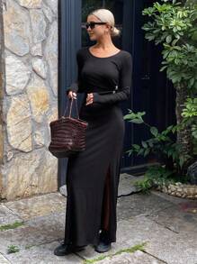 DAZY Solid Color Pleated Metal Decor Split Crew Neck Long Sleeve Maxi Dress, Elegant For Women, Spring/Autumn,Fall Women Clothes - Black - View 6