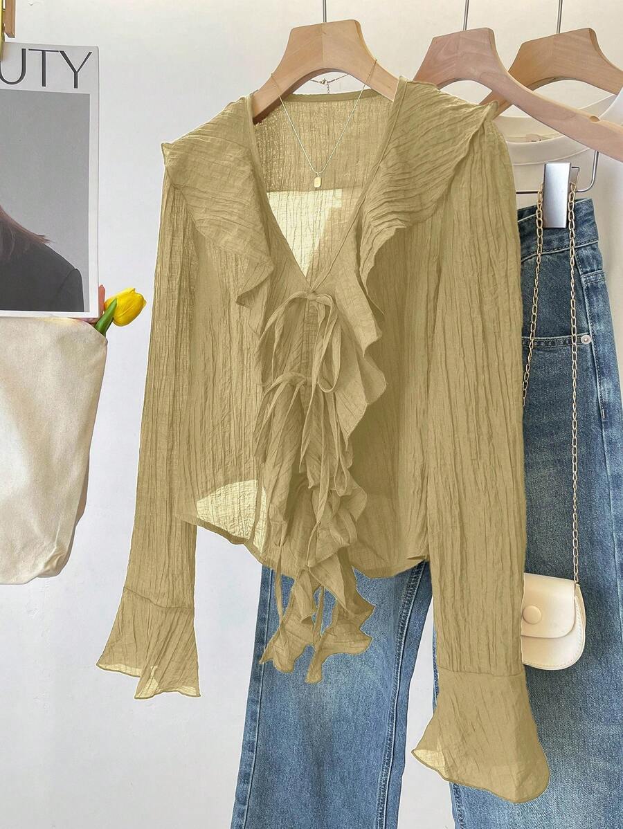INAWLY French V-Neck Pleated Ruffle Tie Blouse Fall Cloth For Women - Khaki - View 1