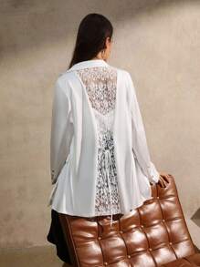 EMERY ROSE Áo khoác Blazer tay dài màu trắng thêu ren buộc dây thanh lịch cỡ lớn dành cho nữ - trắng - Xem 3