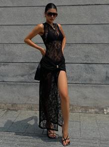 DAZY 畅销性感蕾丝镂空高开衩修身无袖旗袍连衣裙 - 黑色 - 查看 2