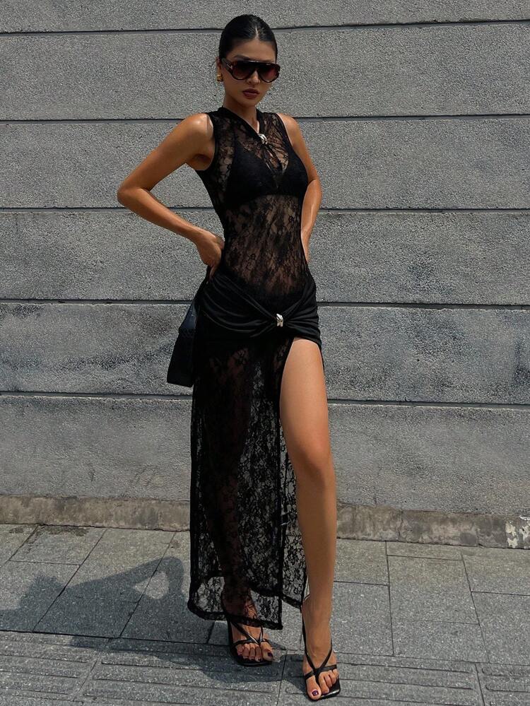 Bestselling Sexy Lace Hollow-Out High Slit Fitted Sleeveless Cheongsam Dress