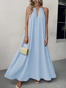 EMERY ROSE Women's Solid Color Simple Daily Wear Swing Neck Halter Dress Maxi Vacation Beach Outfit Baby Blue - Mint Blue - View 4
