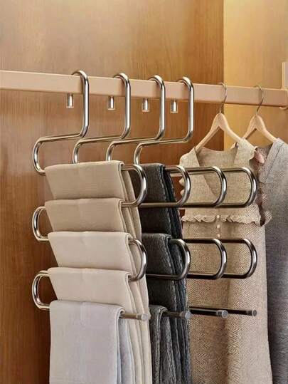 Percha para pantalones de acero inoxidable | Organizador multinivel ahorra espacio para jeans y pantalones, acabado pulido, solución de almacenamiento en el armario para una organización ordenada del armario (5 niveles)