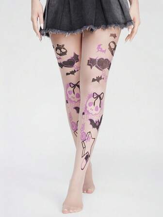 Anime Medias transparentes elásticas con diseños de calavera punk, lazo, corazón, ala de murciélago y estrella, estilo punk, pantimedias, medias para mujeres, Halloween