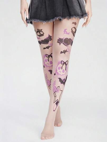 Anime Punk Skull, Bow, Heart, Bat Wing, Star Design Sheer Elastic Punk Style Tights, Pantyhose, Stockings For Women, Halloween