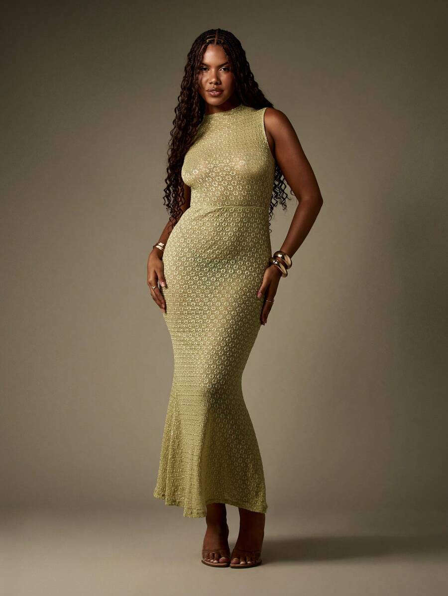 MISSGUIDED Rochie elegantă, tricotată, model sirenă, cu guler înalt, fără mâneci, model mireasă, elastică și mulaj - Verde - Vizualizare 1