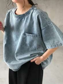 Dazy Plus Plus Size Light Washed Blue Round Neck Pullover Denim Top With Pockets And Zipper Hem Decoration - Light Wash - View 3