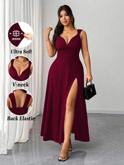 Elenzga Women's Plus Size Solid Color Twist Knot V-Neck High Slit High Stretch Knit Party Cocktail Versatile Stylish Design 2025 New Dress