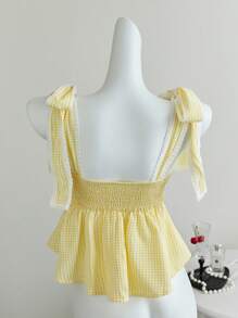 Elamini 女式荷叶边下摆可爱格子系带吊带背心 - 黃色 - 查看 2