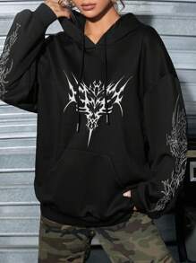 Attitoon Áo hoodie in họa tiết đồ họa tối giản, phong cách Punk Street cổ điển, rộng rãi, cỡ lớn dành cho nữ, mùa thu/đông - màu đen - Xem 2