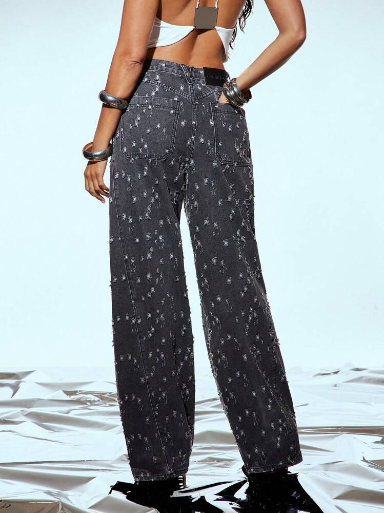 Denimoi Asymmetrical Waist Distressed Wide Leg Denim Jeans, Paneled Wide Leg Jeans, Distressed Jeans, Fashionable, Streetwear, Street Style - Black - View 5