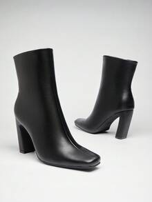 SHUZIA #RunwayReady Women's 3.5'' Slanted Block Heel & Sleek Square Toe Pu Black Ankle Booties–A Chic, Versatile Essential For Day-To-Night Looks With Modern Edge & All-Day Comfort. - Black - View 3