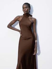 Maija 女士棕色四季百搭现代都市时尚设计长裙，露背领，纯色，合身，简约，休闲日常穿着 - 棕色 - 查看 4