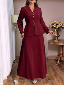 Auvina 两件套大码女式优雅休闲装，纯色衬衫配后领带和迷你裙，长袖