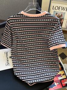 SHEIN 大码女式夏季条纹圆领短袖休闲宽松T恤 - 彩色 - 查看 2