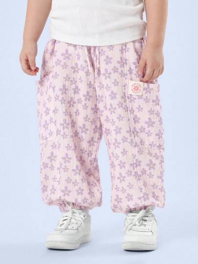 SUMWON Young Girl Summer Floral Jogger Pants Elastic Waist Cotton Double Cloth Bloomer Casual Play With Side Pockets Wear Spring Fall
