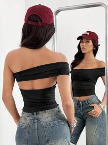 SHEIN EZwear 1 chiếc áo crop top bó sát màu đen dành cho nữ, 3 cách mặc - màu đen - Xem 2