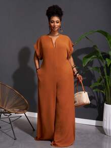 Veslaya Bộ đồ liền thân ống rộng tay ngắn cổ chữ V sâu màu sô cô la phong cách tối giản thanh lịch mới 2025 cho nữ cỡ lớn - Rỉ Nâu - Xem 1