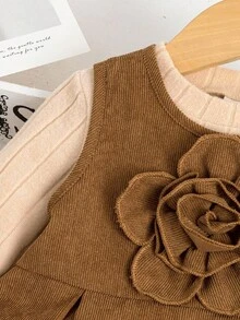 Baby Mädchen Lässig Langarm T-Shirt & ärmelloses Blumen Dekor Kleid Set