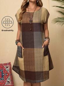 Rusticease Plus Size Plaid Crew Neck Sleeveless Casual Linen Short Dress Summer Outfits Vacation Outfits Woman Country Outfits Women Spring Outfits For Women Summer Outfits For Women Boho Women Clothing