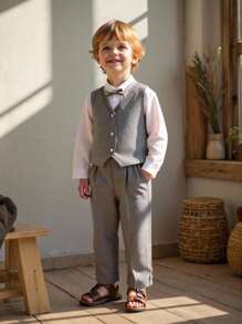 SHEIN 3pcs/Set Young Boy Gentleman Style Shirt, Vest And Pants, Sibling Matching, Spring/Autumn Toddler Boys Formal Wear Elegant Boys Outfits Little Boy Suit Set Boys Vest Set Boys Dressy Outfit Fall Winter - Grey - View 3