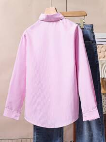 Sparklyn 1 件女童翻领长袖纽扣条纹衬衫，正面绣有图案，秋季休闲上衣 - 粉色 - 查看 2