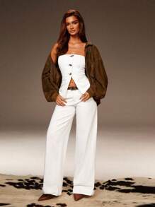 Athîral 女式休闲前扣吊带牛仔上衣，夏季 - 白色 - 查看 3