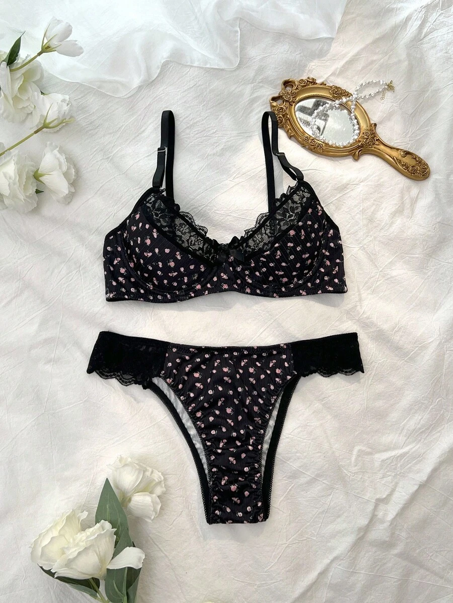 2pcs Set Romantic Floral Lace Patchwork Bra & Panty Set With Underwire, Bow Decor  Cozy And Elegant Details - Black - View 1