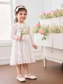 优雅可爱的白色花朵蕾丝长袖连衣裙 - 白色 - 查看 4