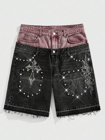 Goth Men's Cross Pattern Patchwork Plaid Pocket Denim Shorts