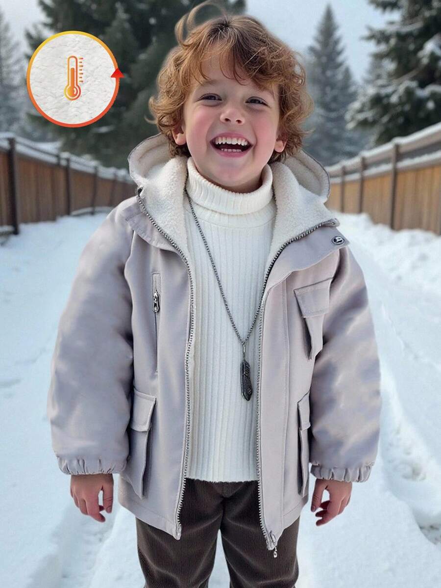SHEIN Young Boy Solid Color Raglan Sleeve Thermal Lined Hooded Casual Utility Pocket Winter Jacket, Suitable For Outdoor, School And Home Wear Fall - Light Grey - View 1