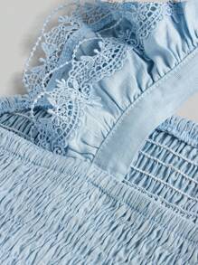 Ontre 青少年女孩褶饰细肩带短款上衣和百褶裙两件套服装，夏季休闲度假百搭套装，蓝色百褶裙，无袖花卉饰边上衣 - 淺藍色 - 查看 8