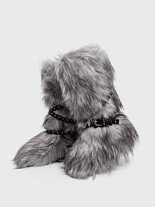 Sugerpunk 2025 New Mid-Calf Women Snow Boots, Cross Rivet Furry Boots, Slim & Warm For Christmas - Grey - View 6