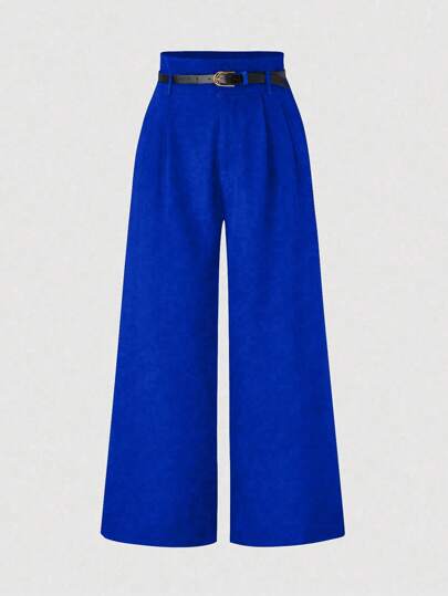 EURMUSE Women's Solid Color Pleated Wide Leg High Waist Loose Pants With Belt