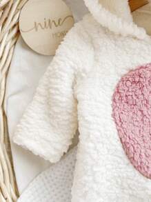 Newborn Baby Girl Cute 3D Ear Hoodie Long Sleeve Contrast Embroidered Plush Romper, Fall/Winter Clothes - White - View 3