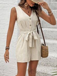 SHEIN PETITE Summer Vacation Casual Striped Sleeveless Front Button Romper - White - View 3